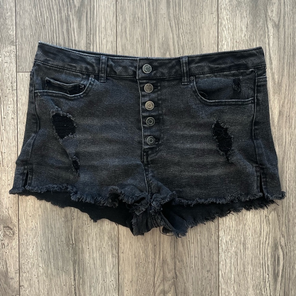 Indigo Rein Womens Juniors High Waisted Denim Jean Shorts Distressed Black 13/30